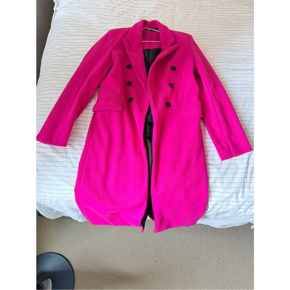 Zara S Women's Double-Breasted Hot Pink Wool Coat